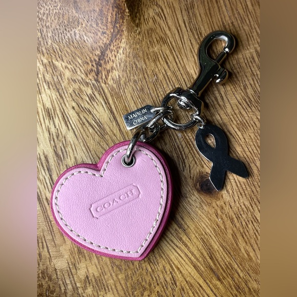 COACH Pink Ribbon Signature Canvas & Leather Heart Bag Charm - Picture 3 of 3